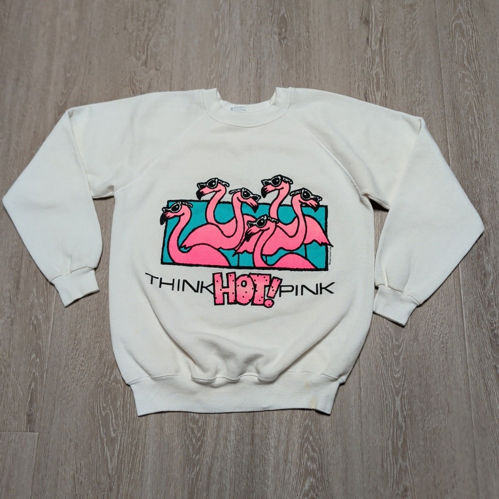 Vintage 1990 Hanes Think HOT! Pink Flamingo Crewneck Sweatshirt Womens M White